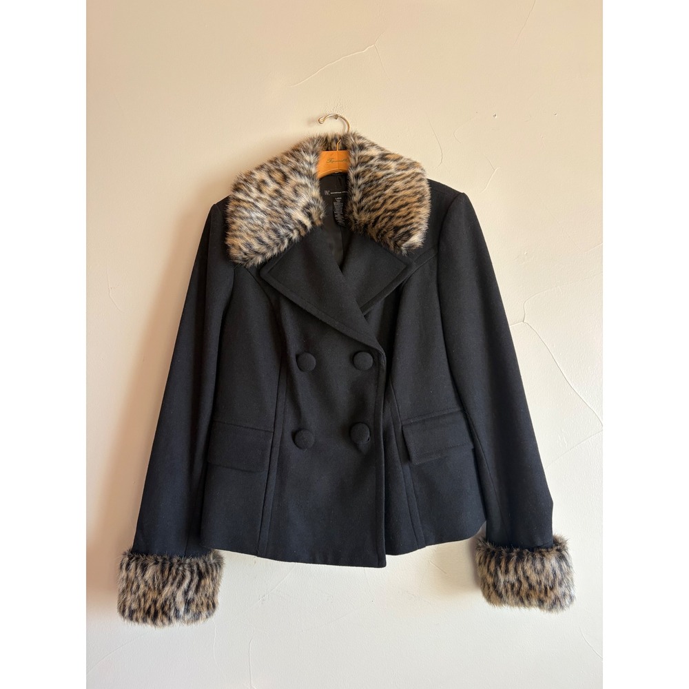 INC International Concepts Black Wool Blend Faux Fur Leopard Trim Peacoat Large